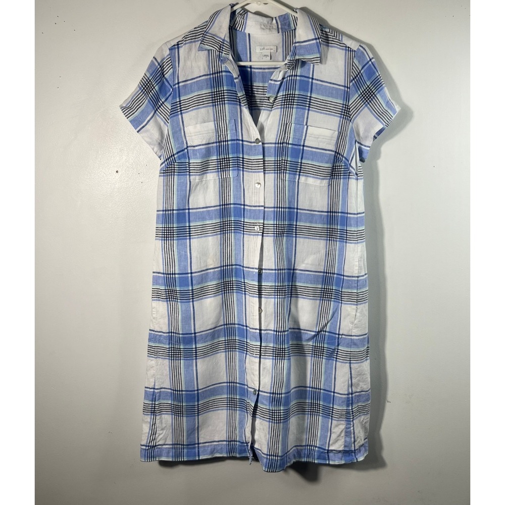 J Jill Love LInen Plaid Linen Shirt Dress Short Sleeve Pockets S White Blue Flaw